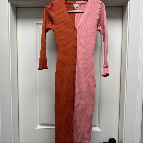 Pink and Orange Ribbed Button Down Midi Sweater Dress - Picture 4 of 11